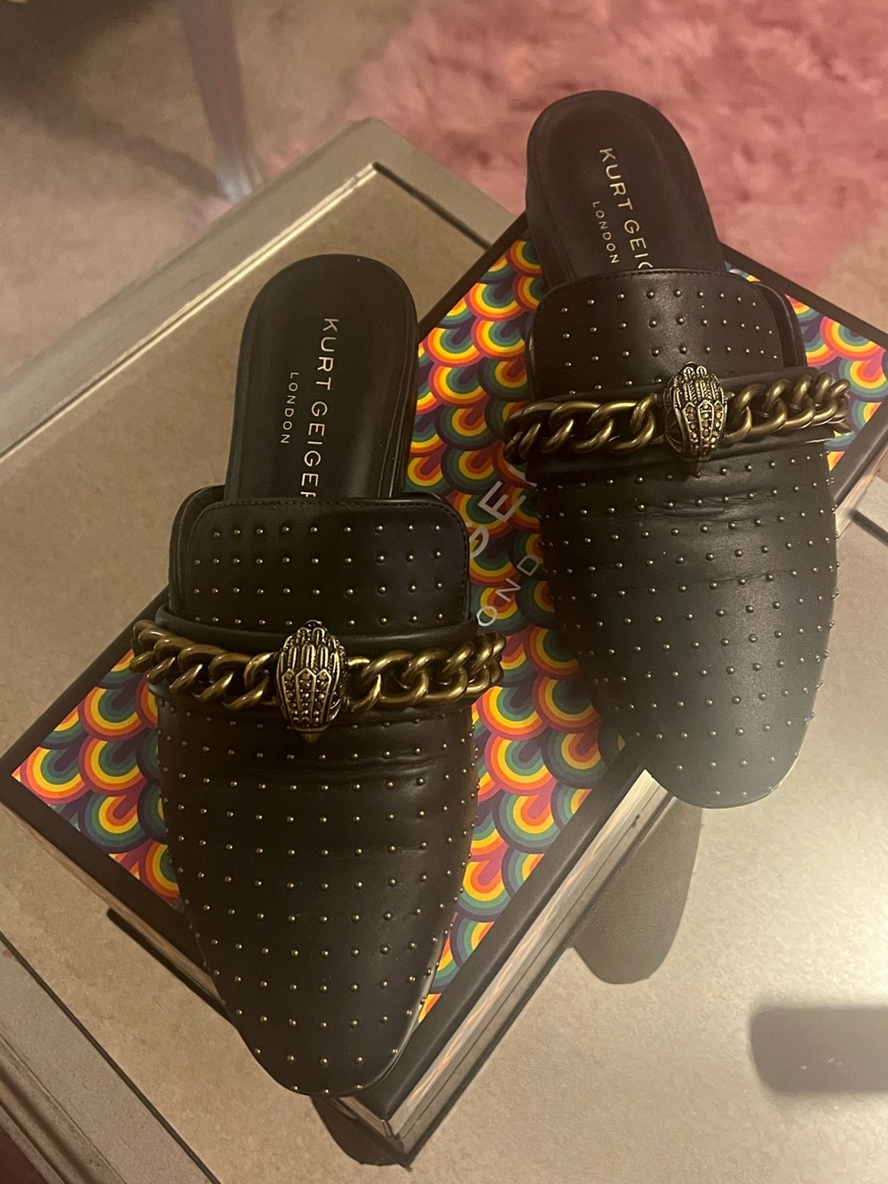 Kurt Geiger Black Leather Studded Chain-Embellished Mules